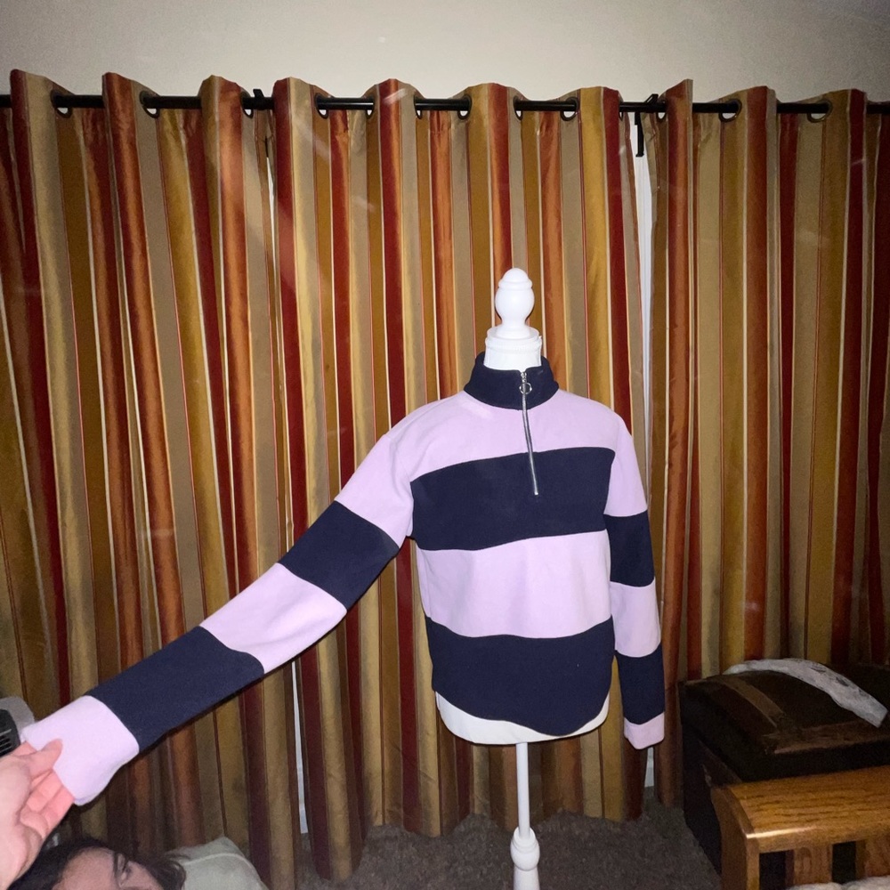 Stripped half zip crew neck fleece jacket